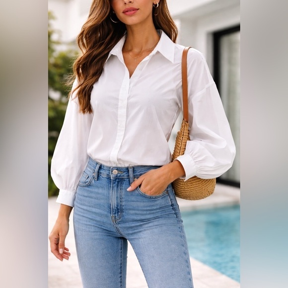 Reclaimed Vintage Tops - Reclaimed Vintage White Cotton Button-Up Shirt Balloon Sleeves US 4 NWOT